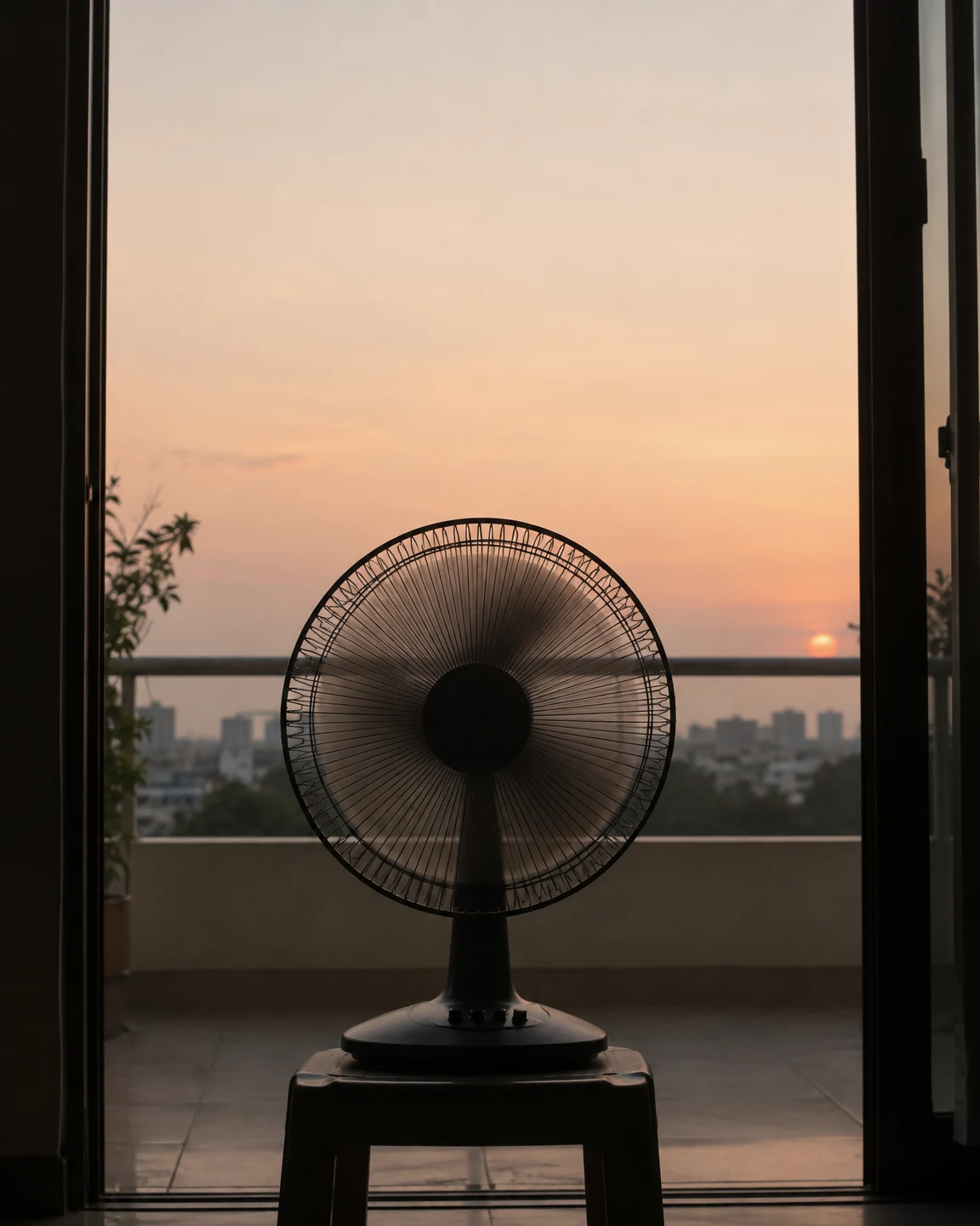 A dark tabletop fan sits on a low stool in an open balcony doorway, silhouetted against a peach evening sky with a small sun, distant buildings, and balcony…