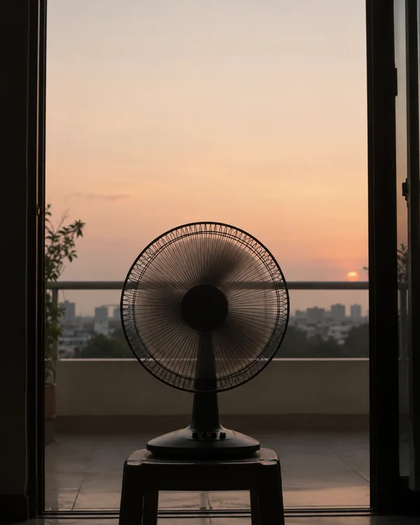 A dark tabletop fan sits on a low stool in an open balcony doorway, silhouetted against a peach evening sky with a small sun, distant buildings, and balcony…
