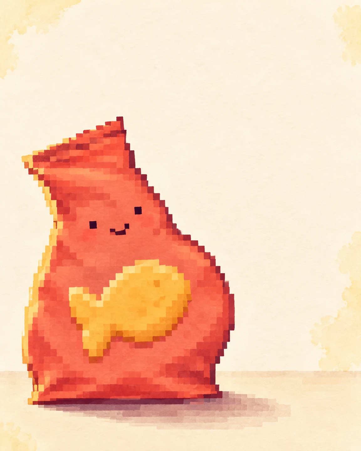 A smiling coral snack pouch with a large golden cracker graphic stands on a pale tabletop, rendered in chunky square pixels against a cream paper background…