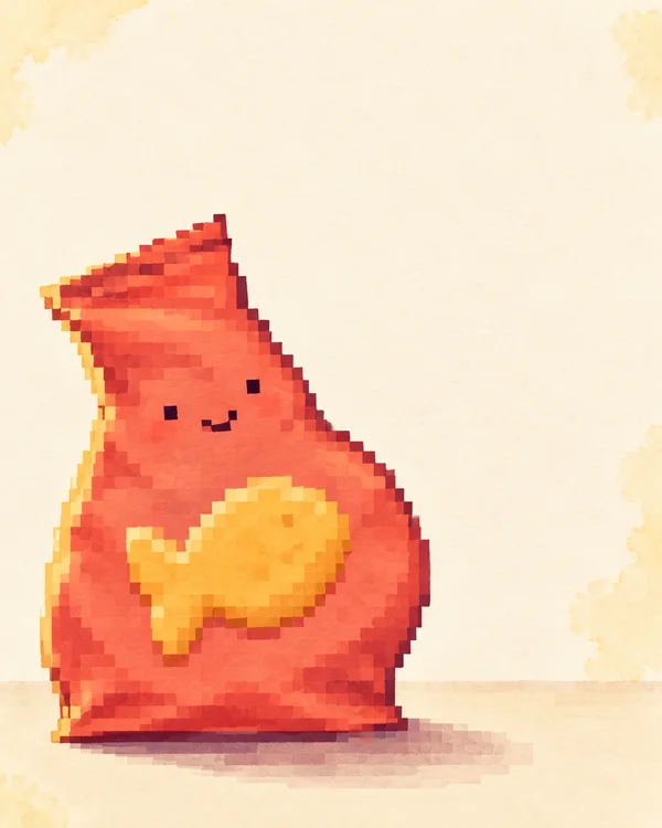A smiling coral snack pouch with a large golden cracker graphic stands on a pale tabletop, rendered in chunky square pixels against a cream paper background…
