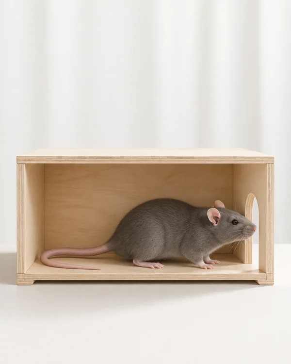 A grey rat stands inside a pale wooden box with its nose at a narrow opening in the right wall and its pink tail curved along the floor; the cutaway box sits…