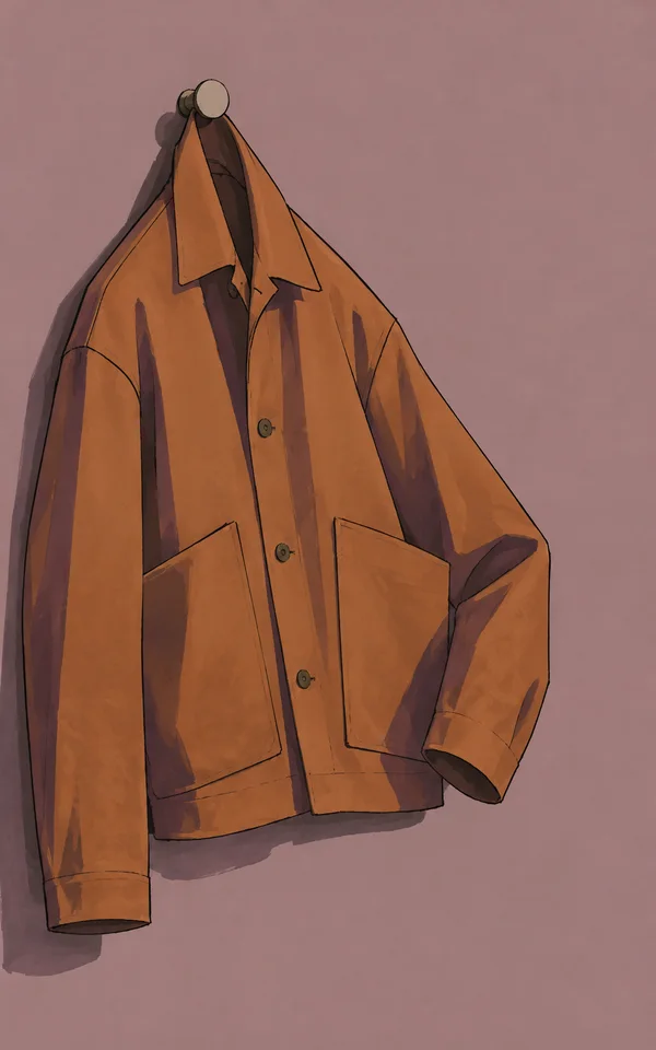 A burnt-ochre chore jacket hangs from a round wall peg against a dusty mauve background.