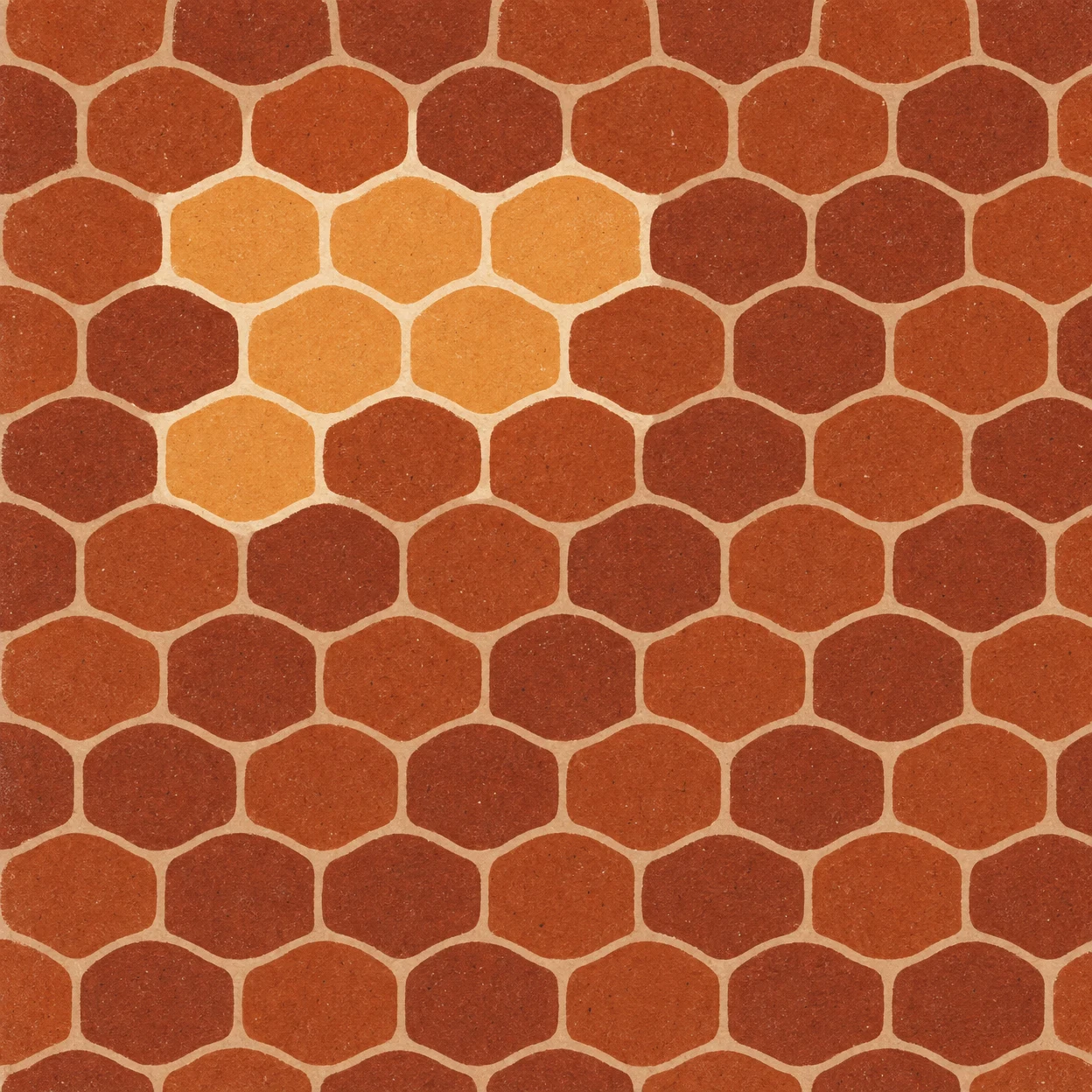 A full-frame repeat pattern of rounded, staggered rust and burnt-orange tiles, with a small group of lighter apricot tiles near the upper-left centre and pale…