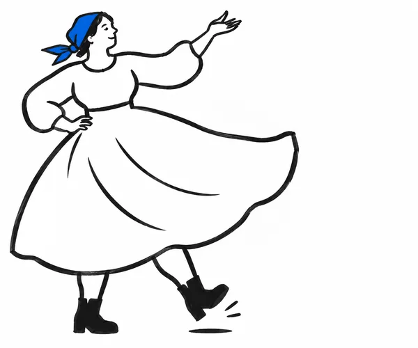 A hand-drawn folk dancer in a wide, wind-swept skirt and cobalt-blue headscarf raises one arm and rests the other hand at her waist; one boot is lifted above…