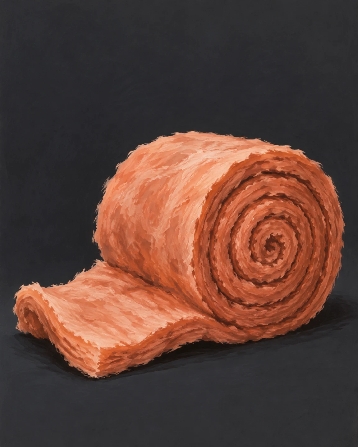 A large copper-orange roll of fluffy insulation lies diagonally on a charcoal ground, its spiral end facing forward and a short batt unfurling toward the lower…