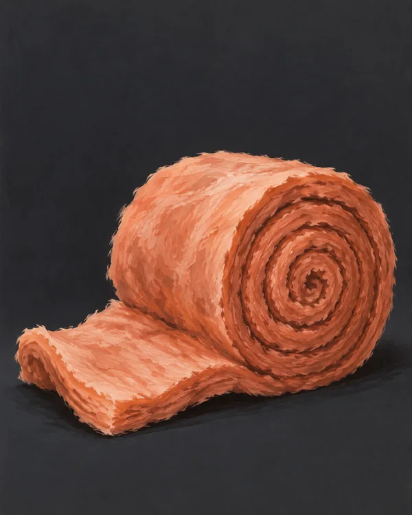 A large copper-orange roll of fluffy insulation lies diagonally on a charcoal ground, its spiral end facing forward and a short batt unfurling toward the lower…