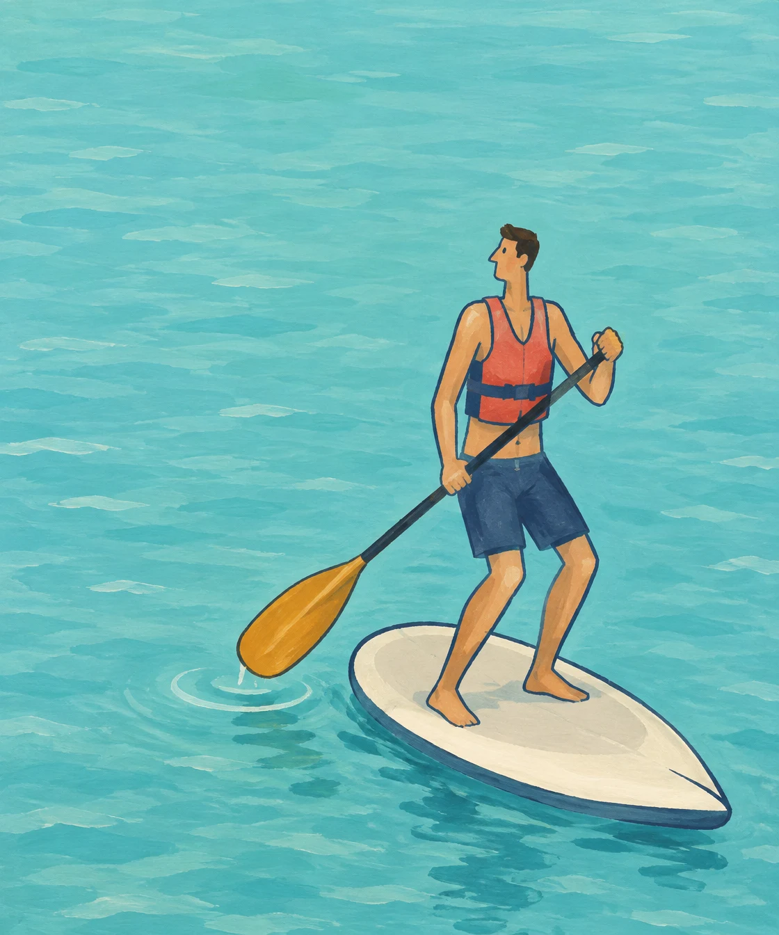 A standing paddleboarder in a coral vest and navy shorts holds an ochre-bladed paddle above turquoise water, on a short cream board angled across the lower…