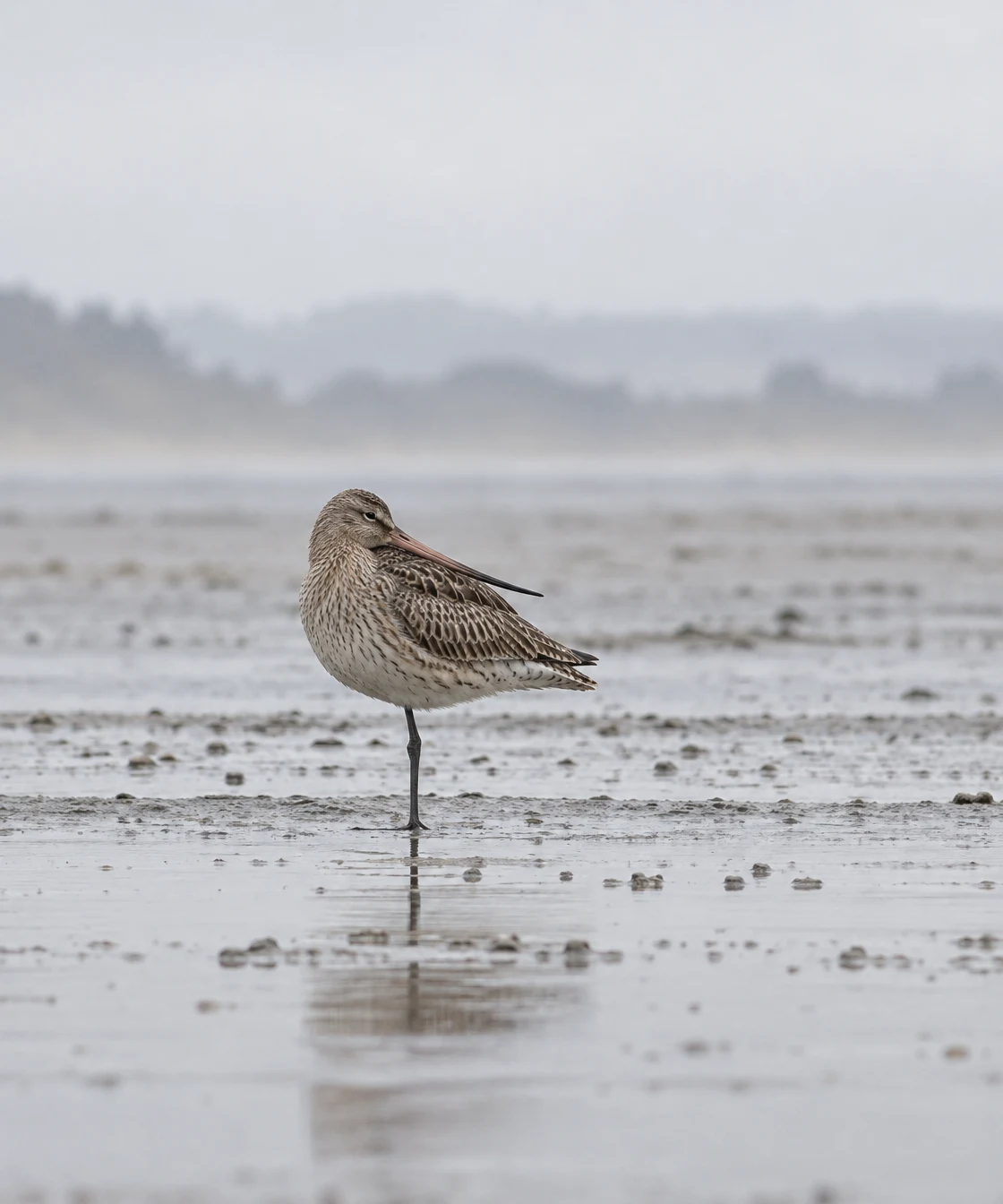 A brown-grey shorebird stands on one leg on a wet tidal flat, its long bill extending along the side of its body; a faint reflection appears in the shallow…