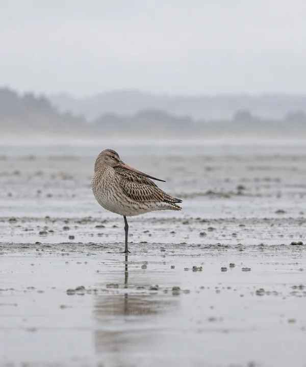 A brown-grey shorebird stands on one leg on a wet tidal flat, its long bill extending along the side of its body; a faint reflection appears in the shallow…