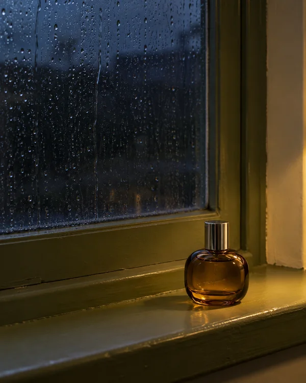 A squat, rounded amber-glass perfume bottle with a plain chrome cap sits on an olive-painted wooden windowsill beneath a rain-speckled window.