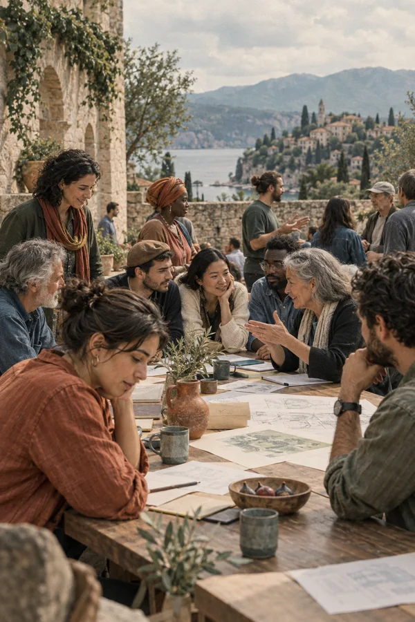 A diverse group gathers around a long outdoor table covered with papers and diagrams, talking and listening in a stone courtyard.