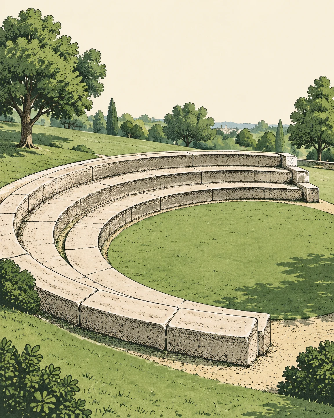 A curved three-tier stone amphitheatre surrounds a green oval lawn in a tree-filled park, illustrated with dark hand-drawn outlines and stippled stone texture…