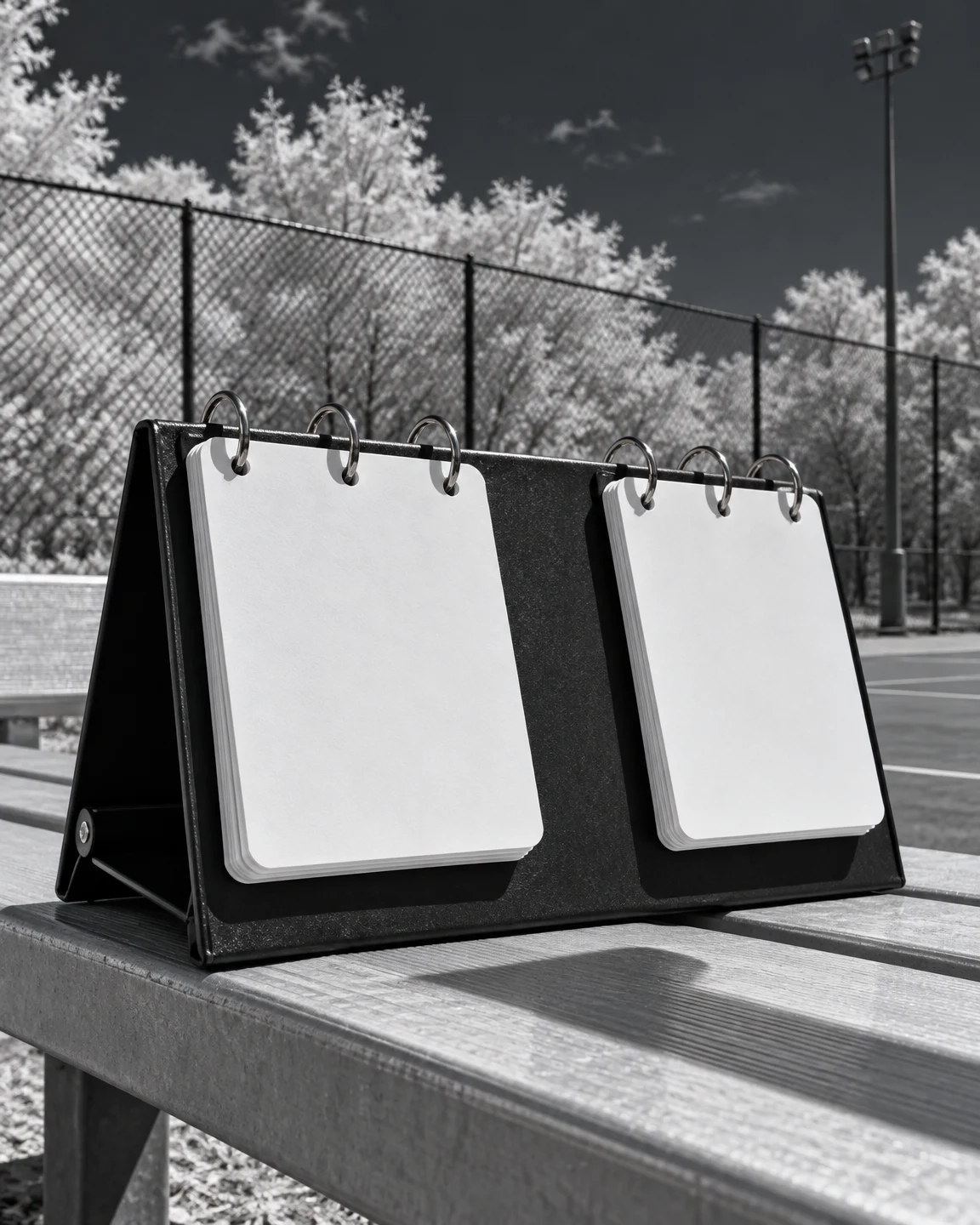 A black folding sports scoreboard with two banks of blank white flip cards sits on a slatted courtside bench, with a wire fence, pale foliage and a dark sky…