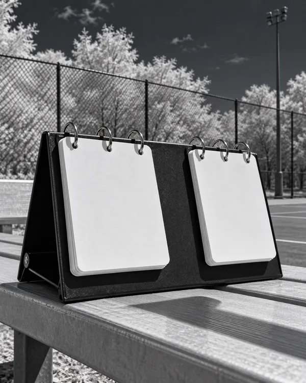 A black folding sports scoreboard with two banks of blank white flip cards sits on a slatted courtside bench, with a wire fence, pale foliage and a dark sky…