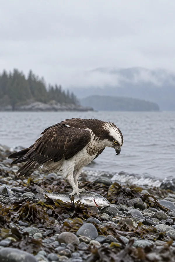 A side-on osprey bends over a silver fish beneath its talons on a pebble-and-kelp shoreline, with calm water and a misty, wooded coast behind it.