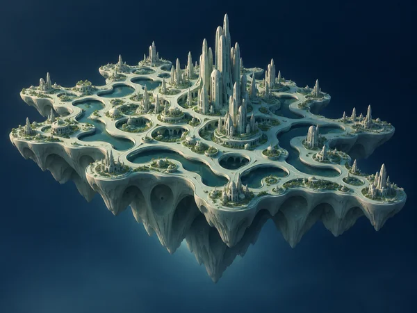 A connected floating island city seen from an oblique aerial angle, with pale winding terraces and dark teal channels, clusters of slender towers, and a deeply…
