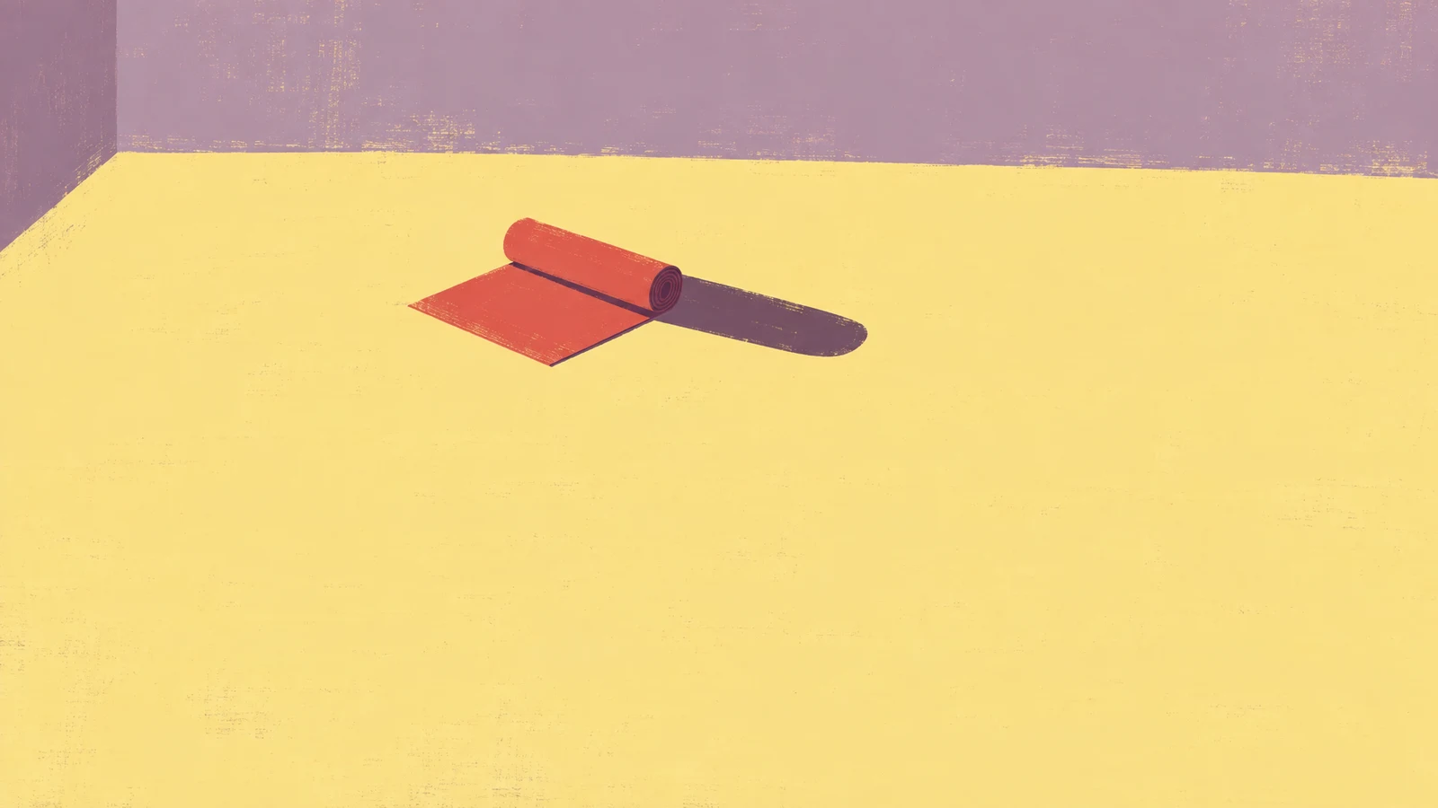 A partly rolled vermilion exercise mat rests on a broad yellow floor, casting a long dark-plum shadow toward the right; dusty lilac walls meet at a corner in…