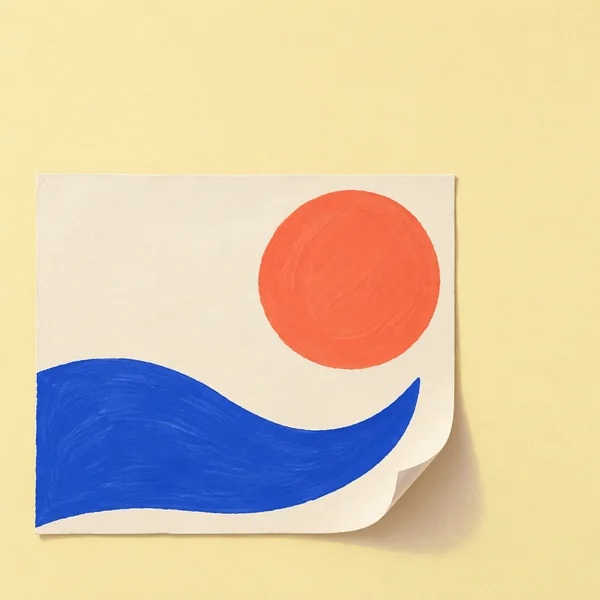 A textured cream-paper poster hangs on a pale buttery wall, with a large coral disk above a sweeping cobalt-blue wave shape.