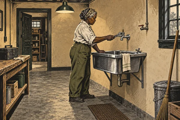 An older dark-skinned woman in olive trousers repairs a wall-mounted tap above a steel utility sink in a warmly lit room, with a workbench, shelving, window…