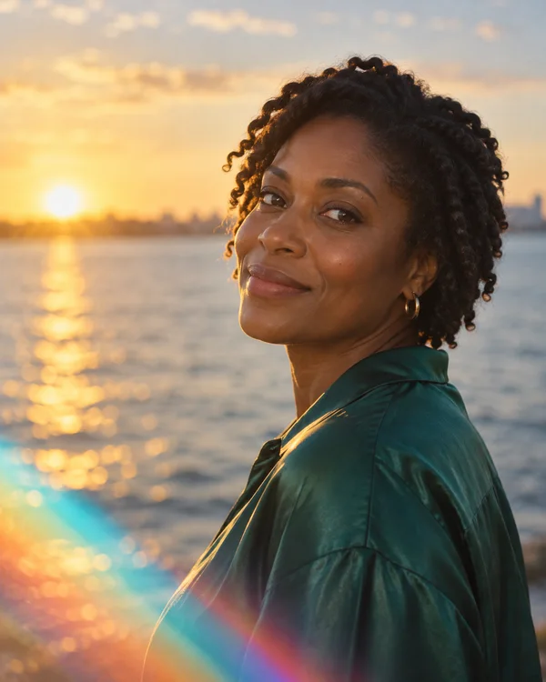 A woman with dark natural curls and a deep green satin shirt looks toward the camera beside the water at sunset, with warm light reflecting across the water…