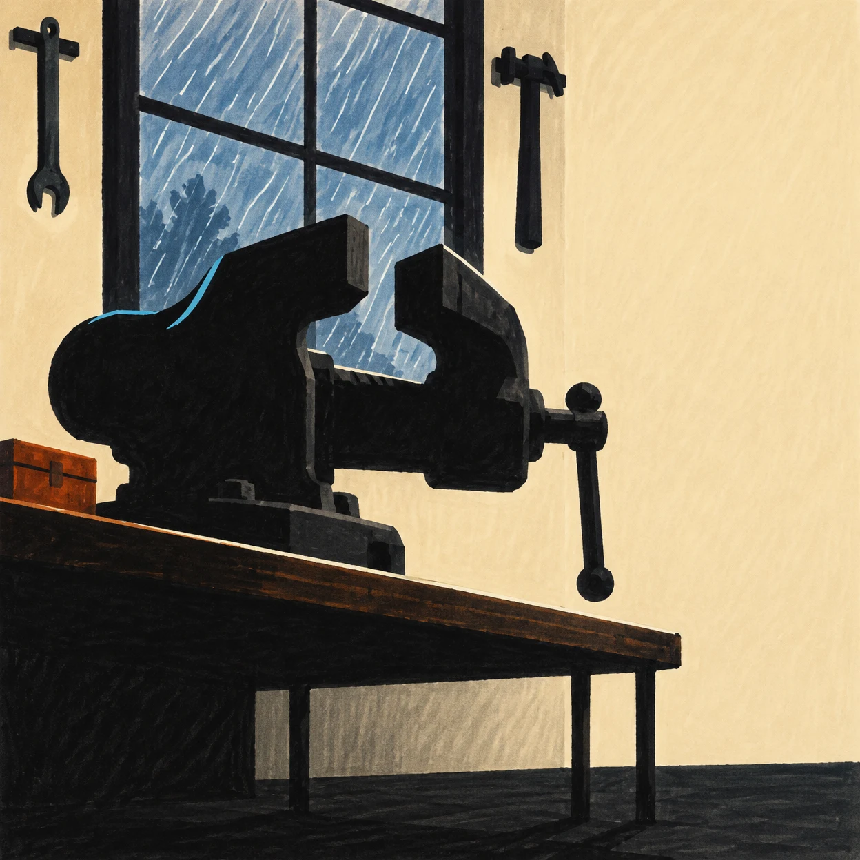 A large black bench vise with open jaws sits on a dark workbench in a cream-walled workshop.