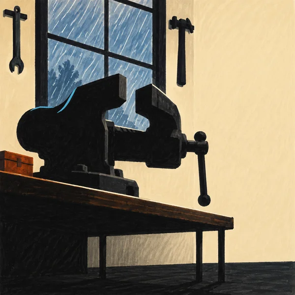 A large black bench vise with open jaws sits on a dark workbench in a cream-walled workshop.