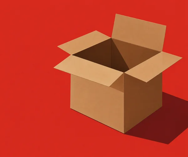 An empty open kraft cardboard box with three flaps folded outward and one flap standing upright sits on a vermilion background, casting a dark shadow toward…
