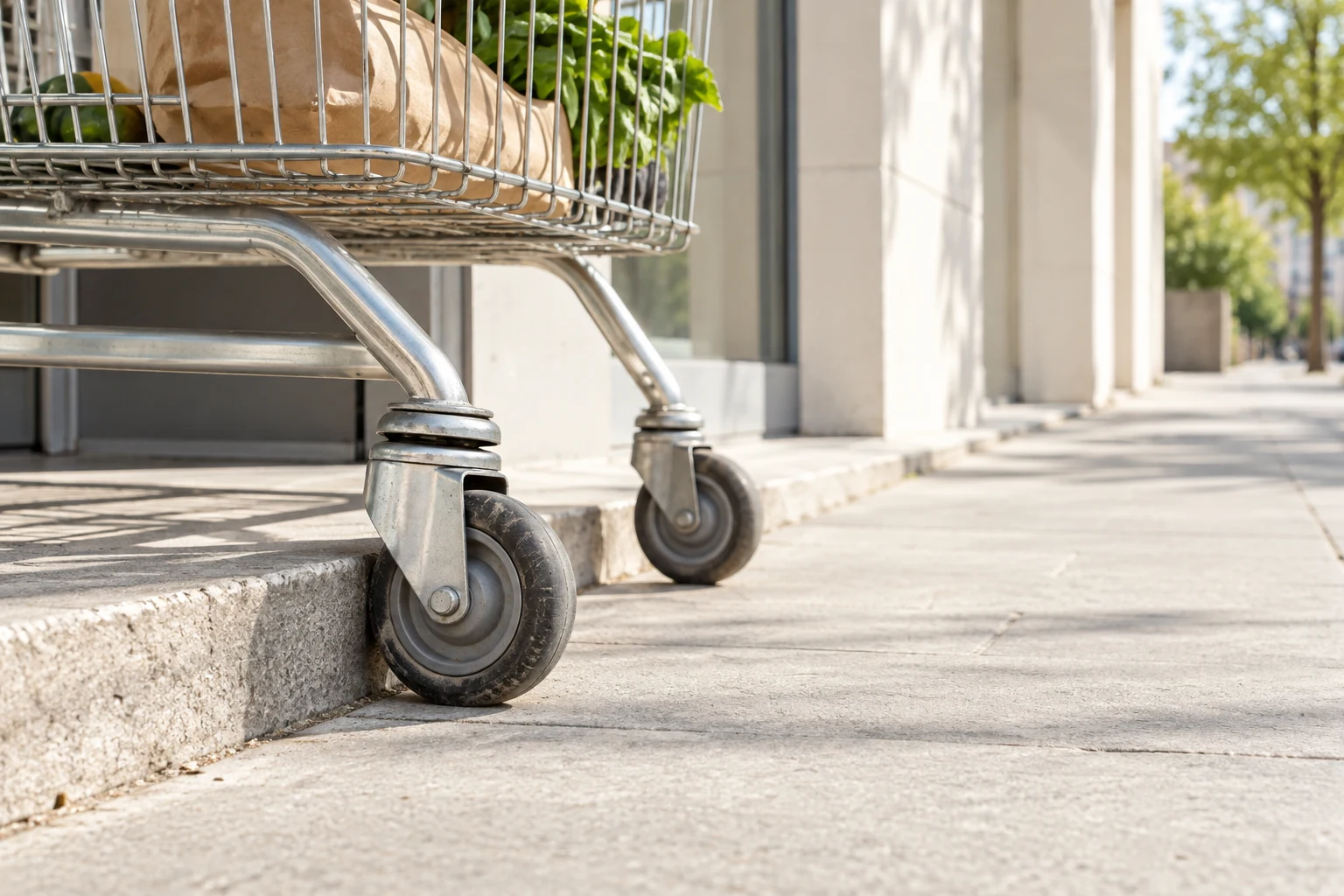 A close, low-angle view of a metal shopping trolley beside a raised pavement edge, with its front caster against the lip; a plain brown paper bag and leafy…