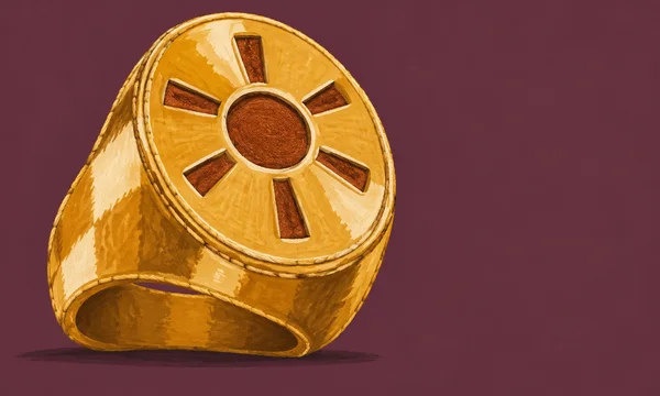 A large gold signet ring stands upright on a muted plum surface, with a raised oval face bearing a rust-colored sun design and cream-and-ochre highlights.