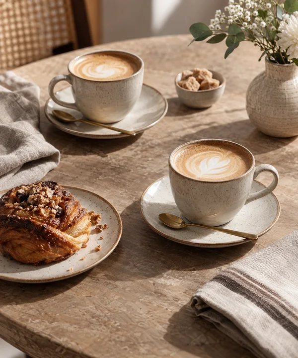 A warm, close three-quarter view of two speckled ceramic cups of latte on matching saucers, with gold-toned spoons, a pastry on a plate, a small bowl of…