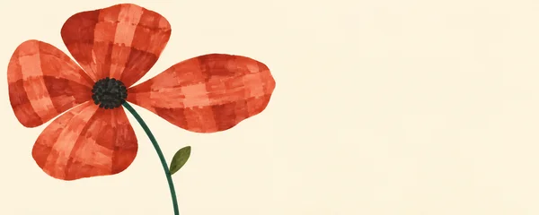 A large four-petaled brick-red poppy with a dark clustered centre, a curving green stem and one leaf against a warm cream background; broad lighter and darker…