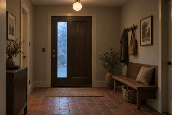 A warmly lit home entry hall with a dark timber front door and tall frosted-glass pane, red-brown tiled floor, and a wooden bench with cushion along the right…