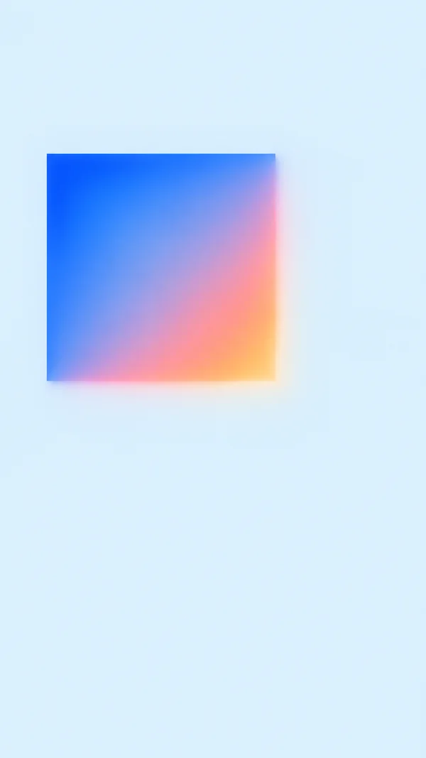 A large square field of cobalt blue fading diagonally through violet, coral and amber sits in the upper-left area of a pale ice-blue vertical background, with…