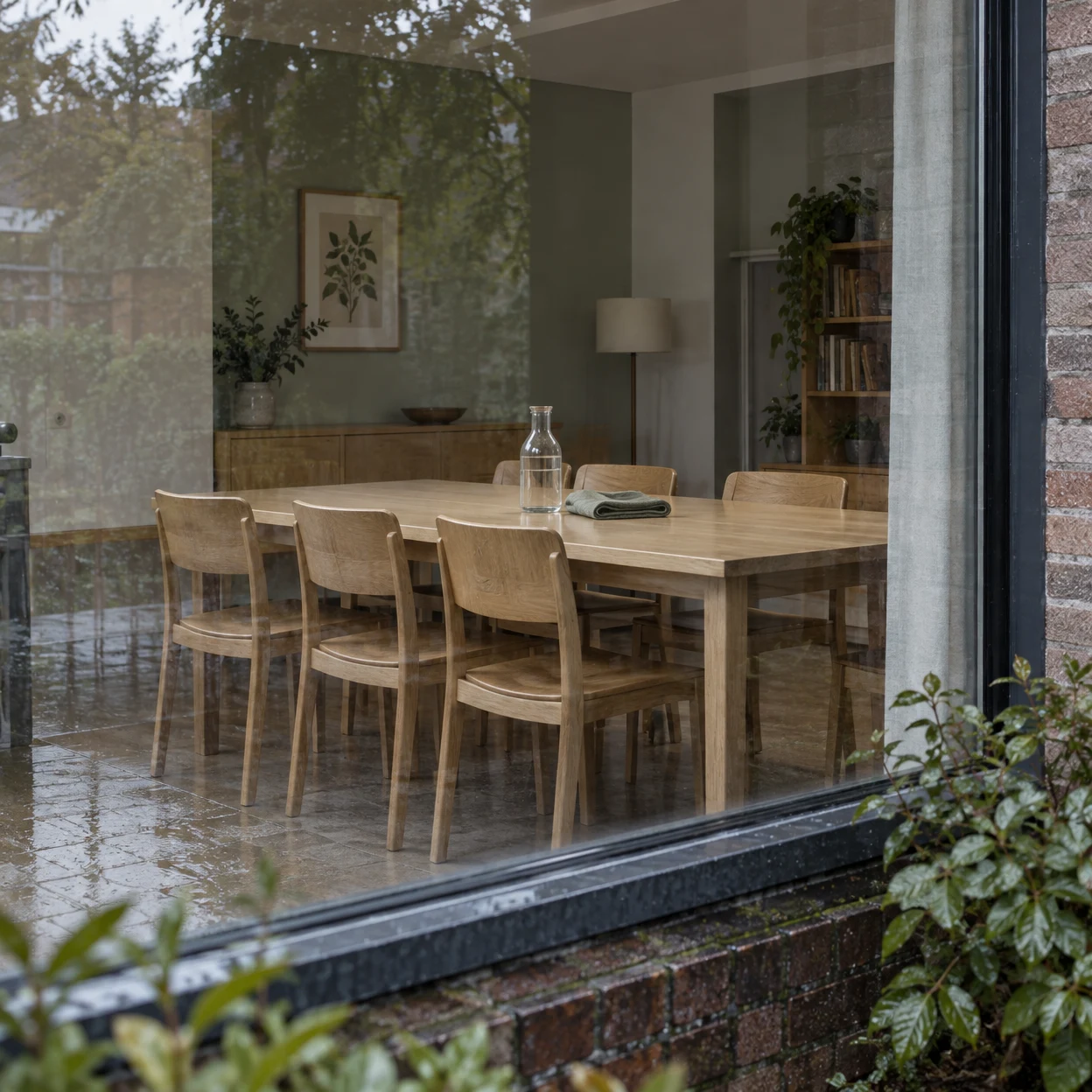A pale wooden dining table with six wooden chairs, a clear glass bottle and folded cloth sits inside a furnished room, seen through a window with reflections…