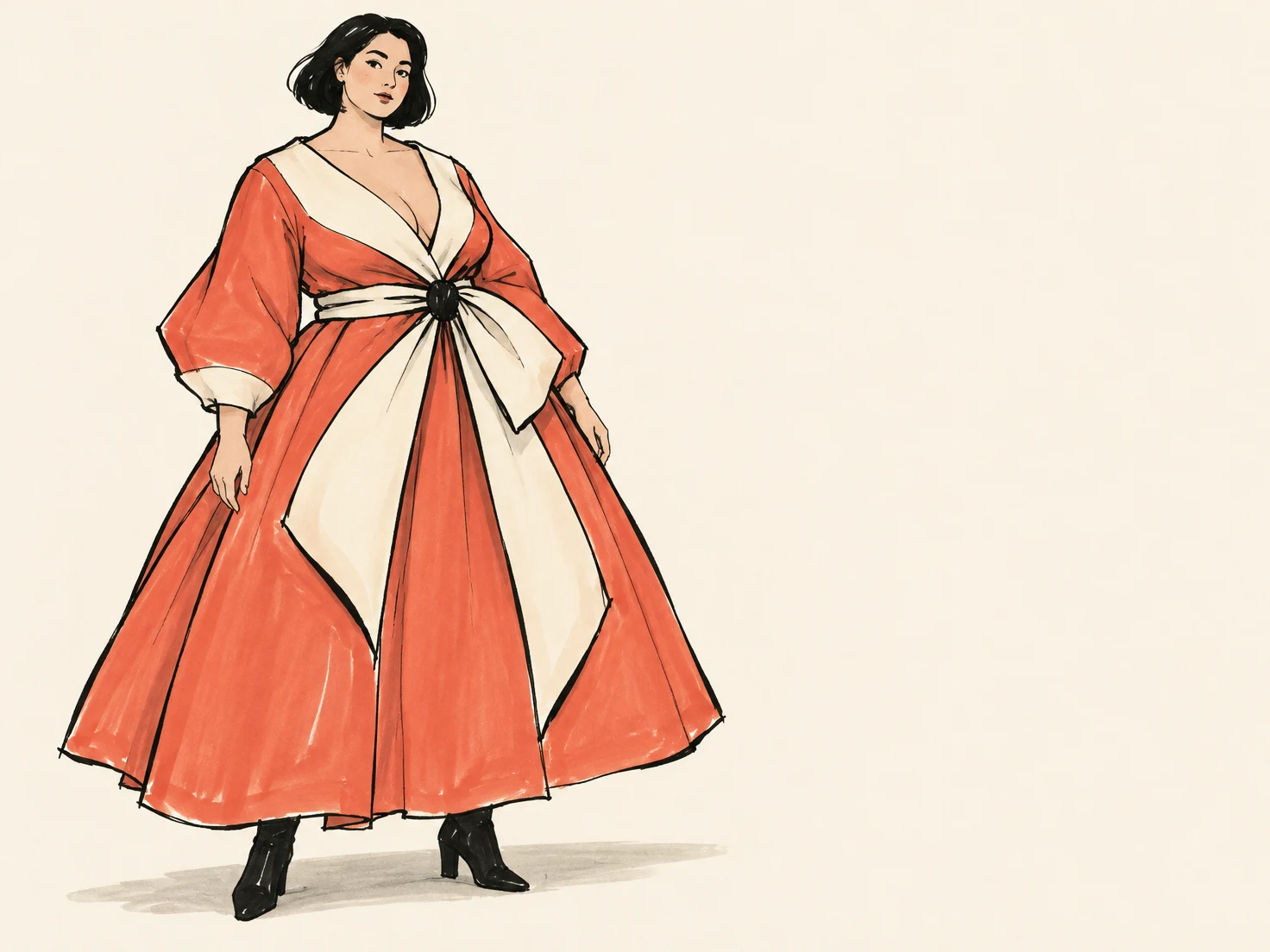 A dark-haired woman stands left of centre in a large coral wrap dress with ivory lapels and sash, black ankle boots, and a faint grey shadow on warm cream…