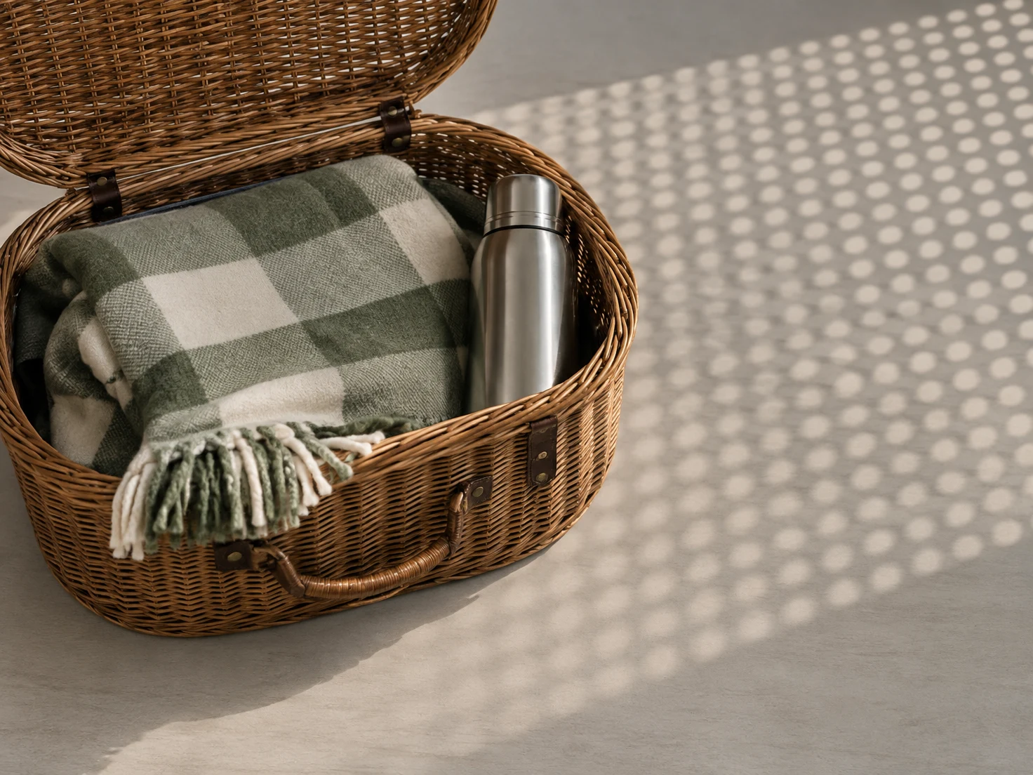 An open oval wicker picnic basket sits on a pale tabletop, holding a folded sage-and-cream checked blanket and a stainless-steel flask.