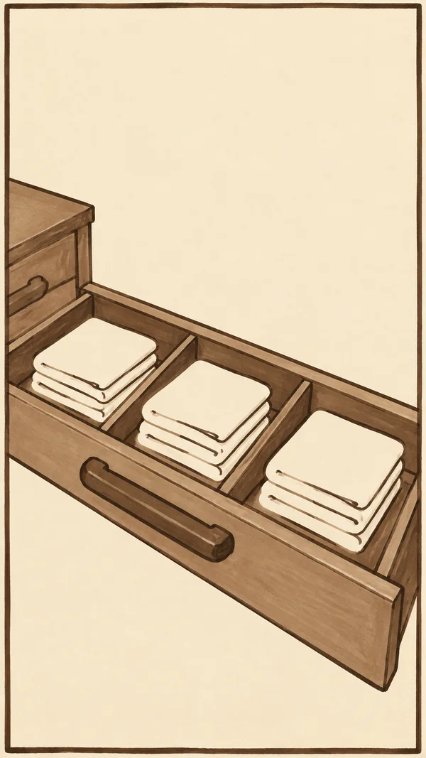 A hand-drawn brown marker illustration shows an open, diagonally positioned linen drawer with three compartments, each holding a stack of folded cream towels.