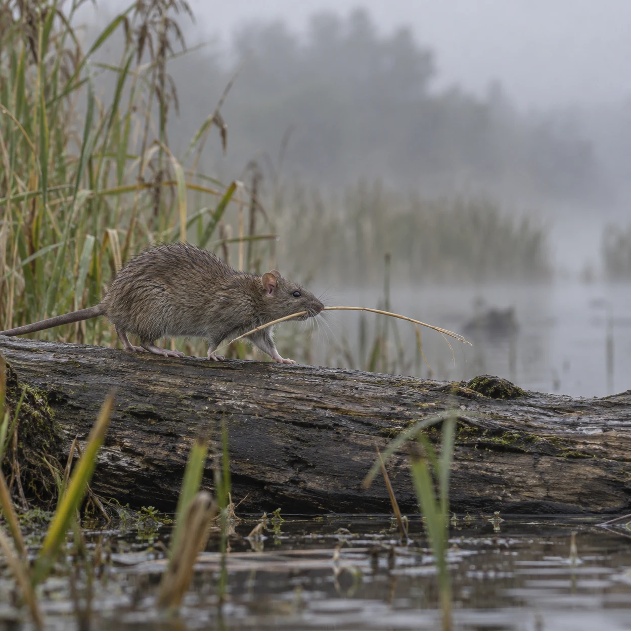 A brown rat carrying a pale reed stem walks across a dark, weathered log beside a misty marsh with tall reeds.