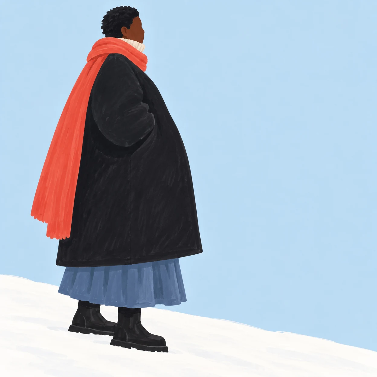A full-length person with short natural hair stands in side profile facing right on a sloping bank of snow, wearing a rounded black coat, cream collar, long…