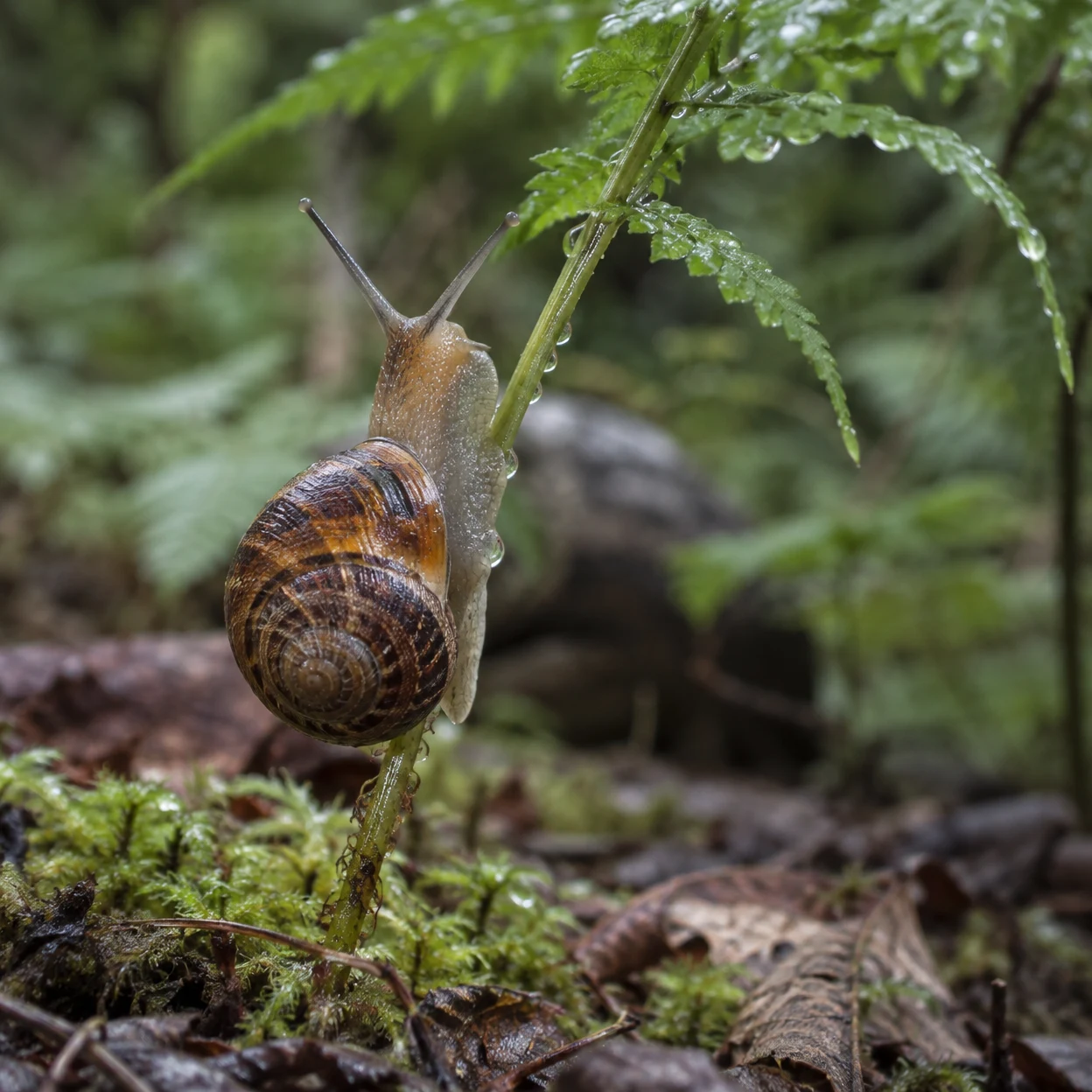A wild snail with a banded amber-brown shell climbs a dew-covered fern stem above moss and leaf litter, with blurred green ferns in the background.