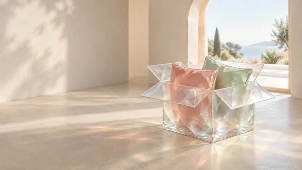 A transparent faceted glass carton with four open flaps holds coral and pale sage glass cushion forms in a sunlit ivory interior beside a rounded doorway, with…