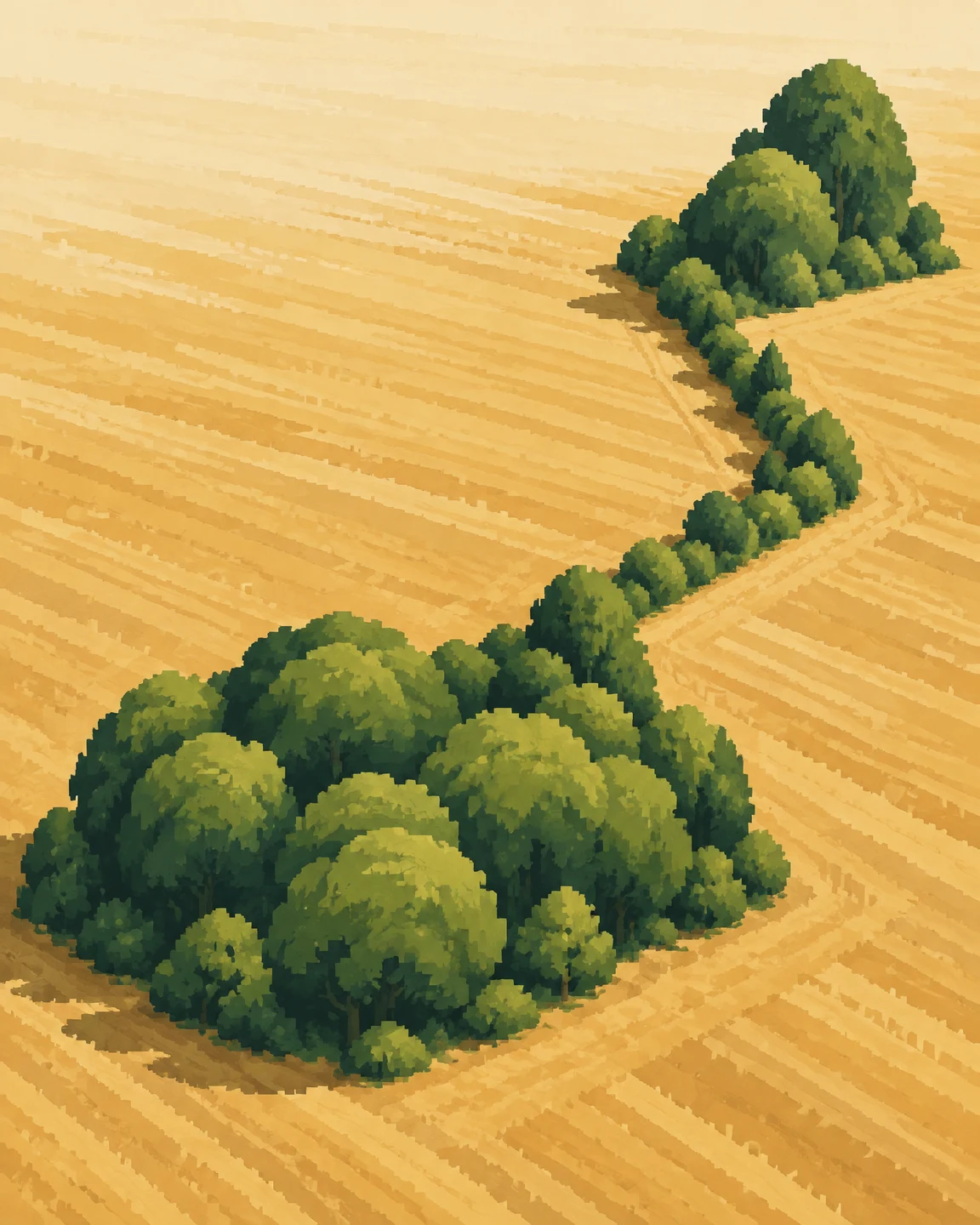 An oblique aerial illustration of a crooked green hedgerow connecting a broad woodland patch at lower left to a taller, smaller patch at upper right…