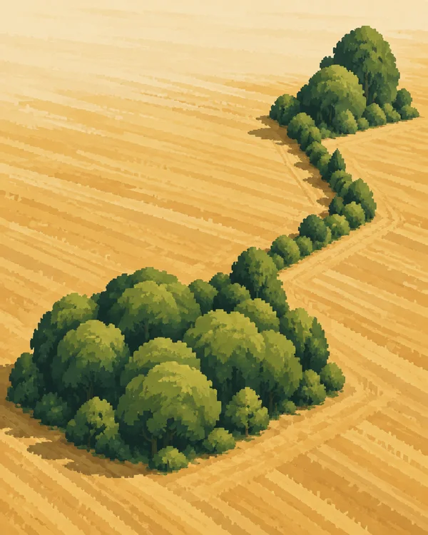 An oblique aerial illustration of a crooked green hedgerow connecting a broad woodland patch at lower left to a taller, smaller patch at upper right…