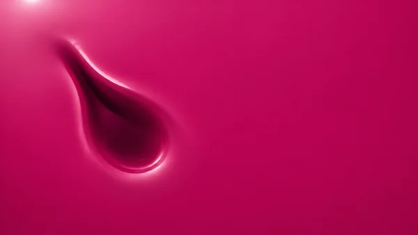 A glossy deep-fuchsia abstract surface with one dark, elongated teardrop-shaped depression on the left and a bright pink highlight tracing its raised edge; the…