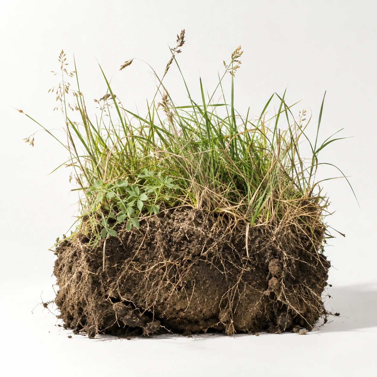 A block of dark soil with exposed roots and dense mixed grasses, green blades, dry stems, and seed heads sits on a bright off-white studio sweep.