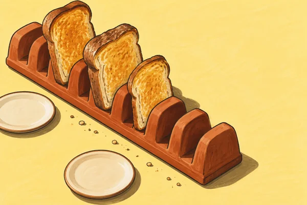 A long rust-coloured toast rack runs diagonally across a pale yellow tabletop, holding three golden toast slices.