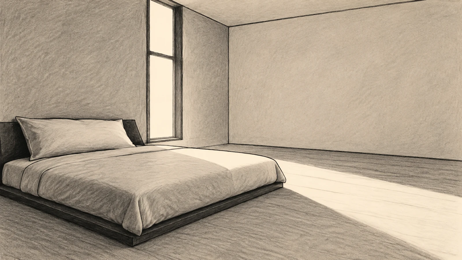 A low, wide bed with a large pillow sits in the lower-left of a sparse bedroom; daylight from a tall narrow window falls across the bed and open floor to the…