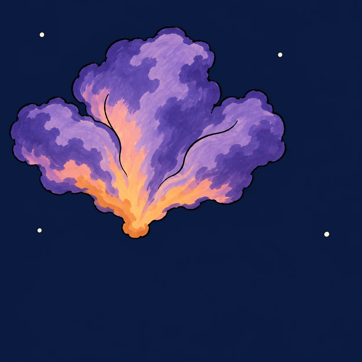 A large lavender and violet nebula with peach and amber coloring near its small base spreads into three rounded billows against a deep-navy background, with…
