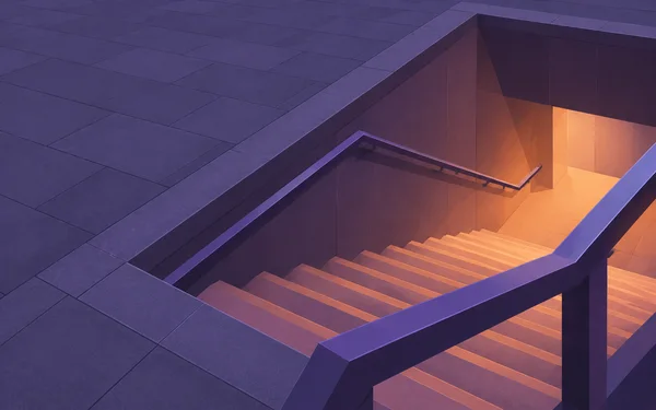 An oblique view of a broad underground stair entrance, with violet pavement and angular railings framing peach-lit steps descending into a dark plum interior.
