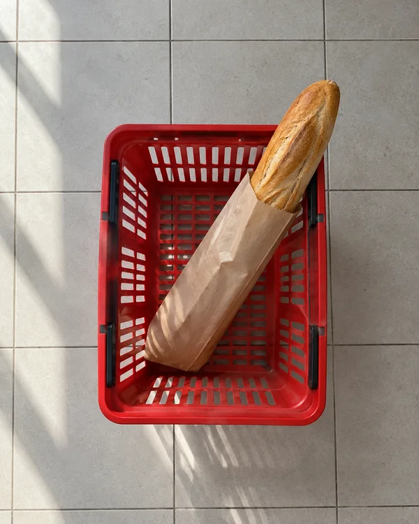 A red plastic shopping basket sits on pale grey square tiles, holding a diagonally placed baguette in a plain kraft-paper sleeve with its top extending past…